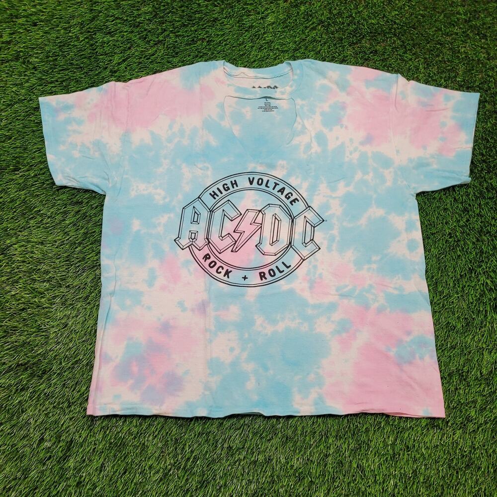 VTG Style AC/DC Band Tee T-Shirt Womens L/XL Oversized Pink Tie Dye V-Notch 2017